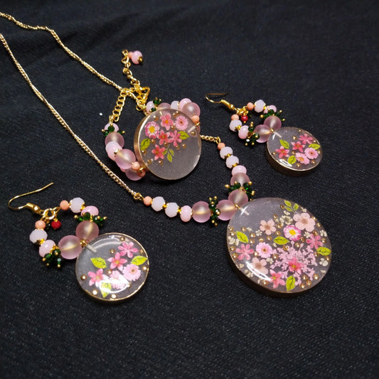 Pink-Beige Floral Bouquet Resin Jewellery Set