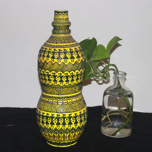 Warli Art Decorated Yellow Pottery Bottle